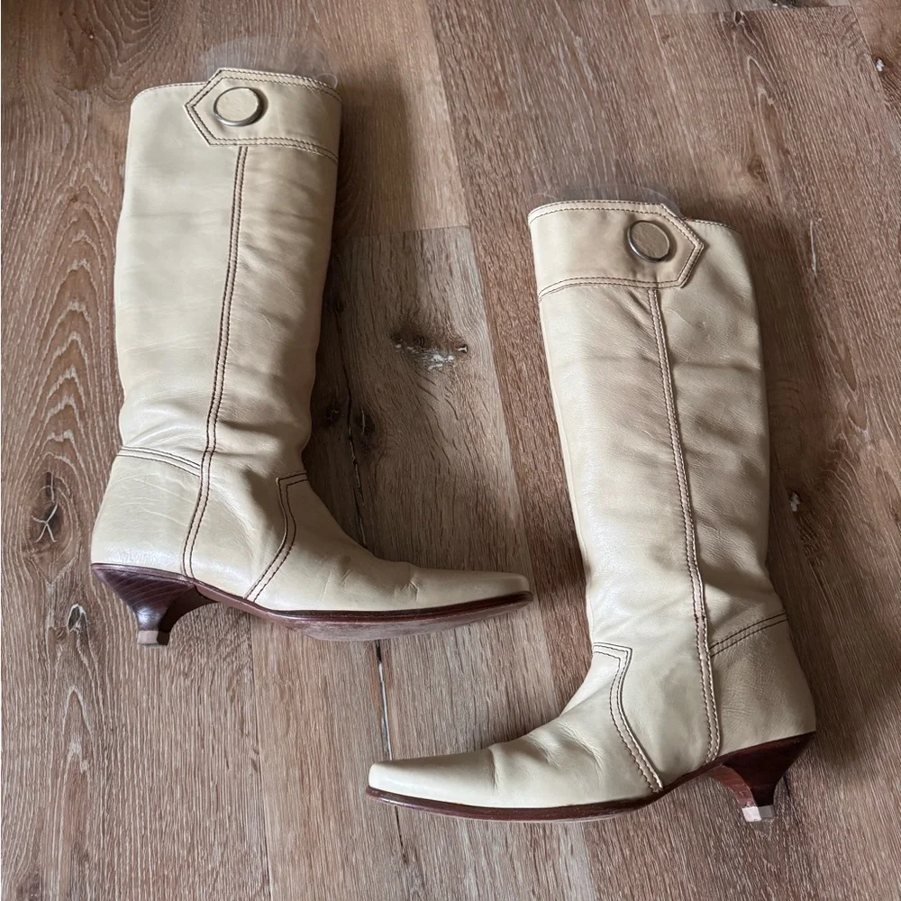 Vintage‎ Veletto Tall Banana Yellow Kitten Heel Leather Boots Y2K
